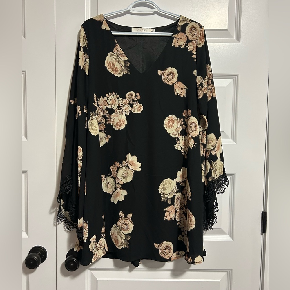Astr Black Shift V-Neck Pull Over Dress with Floral Design